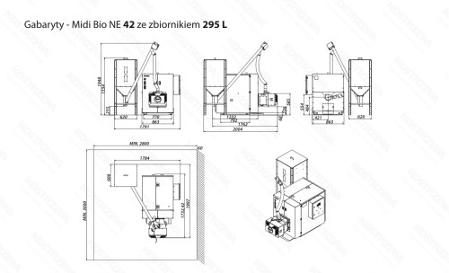 Rysunek gabarytów kotła Kostrzewa MIDI BIO NE 42 kW z zasobnikiem 295 l: widoki z wymiarami w mm i minimalna kotłownia 2800 × 3000 mm. Rysunek producenta