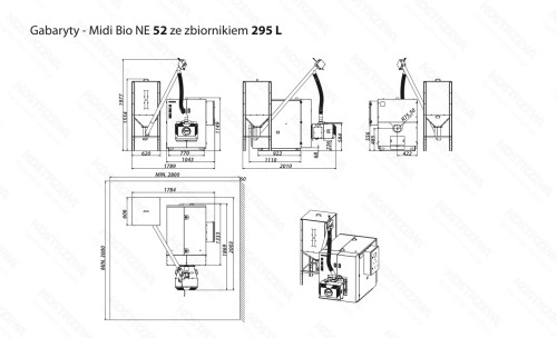 Rysunek gabarytów kotła Kostrzewa MIDI BIO NE 52 kW z zasobnikiem 295 l: widoki z wymiarami w mm i minimalna kotłownia 2800 × 3000 mm. Rysunek producenta