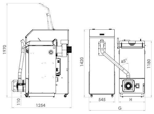 Rysunek wymiarowy Blaze Green Combi ze zbiornikiem pelletu: wysokość 1420 i 1970 mm, głębokość 1254 mm. Rysunek producenta