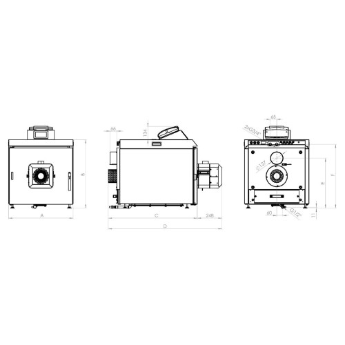 Rysunek wymiarowy Rotary Pell Compact bez zasobnika: litery A, B, C, D odpowiadają tabeli wymiarów producenta. Rysunek producenta