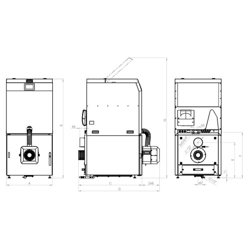 Rysunek wymiarowy Rotary Pell Compact z zasobnikiem: litery A, B, C, D odpowiadają tabeli wymiarów producenta. Rysunek producenta