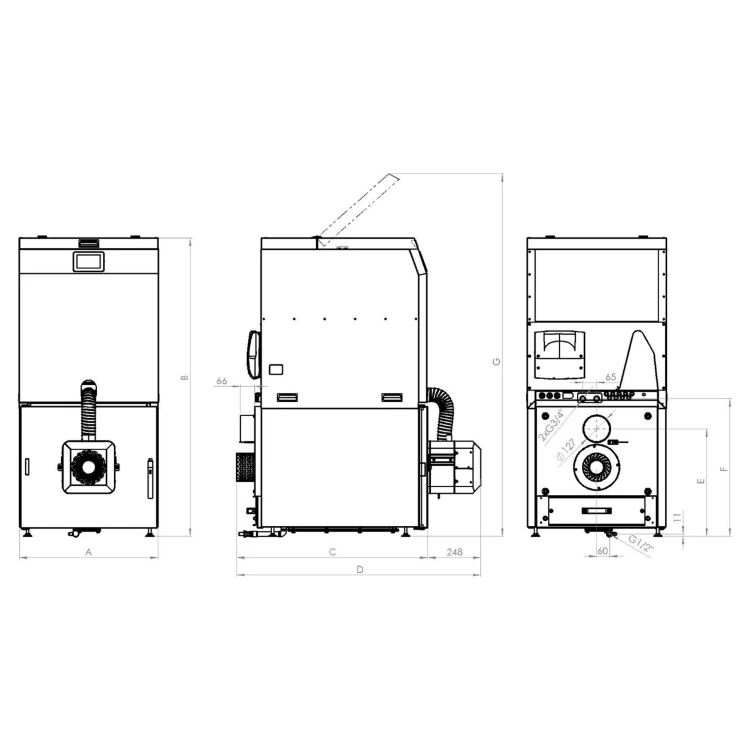 Rysunek wymiarowy Rotary Pell Compact z zasobnikiem: litery A, B, C, D odpowiadają tabeli wymiarów producenta. Rysunek producenta