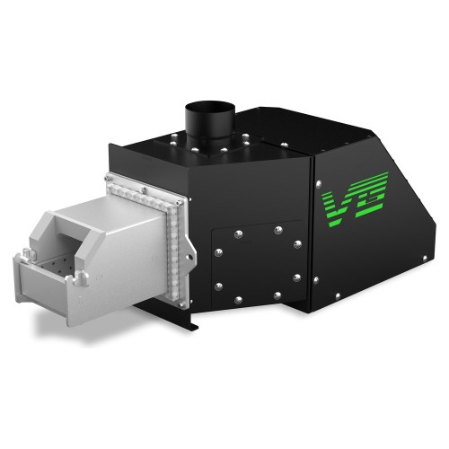 Palnik na pellet Kostrzewa Platinum Bio VG 12 kW, widok z ukosa: czarny korpus ze skośną obudową, króciec spalin na górze i wysuwana jasnoszara komora spalania. Render producenta