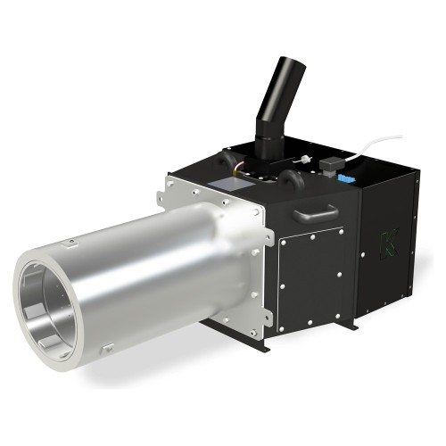 Palnik na pellet Kostrzewa Platinum Bio SPIN 56 kW, widok z ukosa: czarny korpus z uchwytem i kolanem podajnika, walcowa komora obrotowa ze stali nierdzewnej. Render producenta