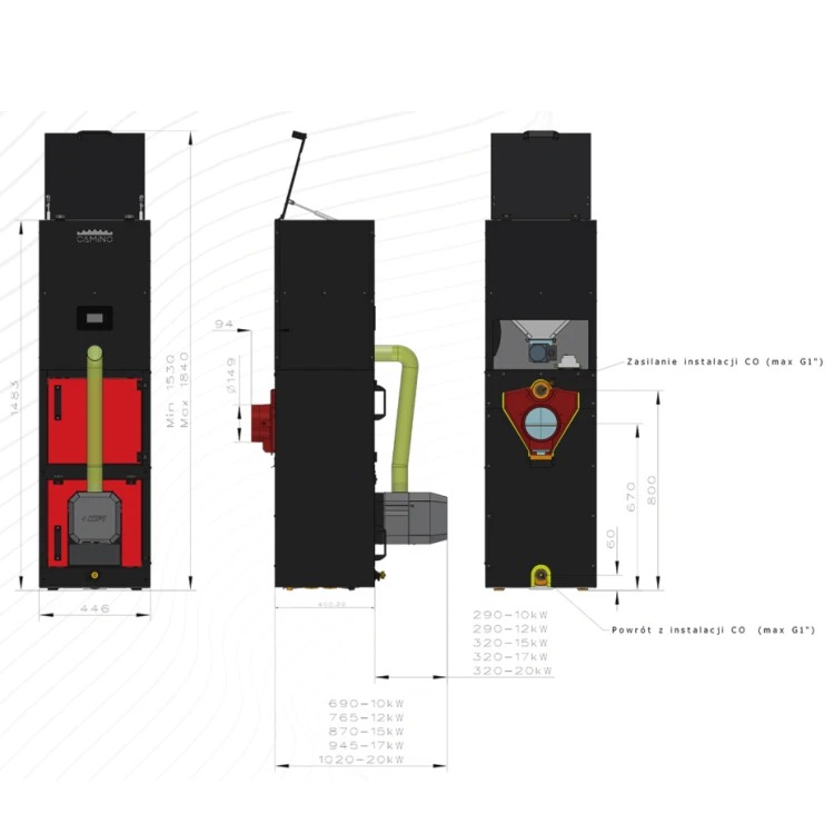 Rysunek wymiarowy Camino 4 Ultra Slim: szerokość 446 mm, wysokość 1483 mm, przyłącza zasilania i powrotu. Rysunek producenta