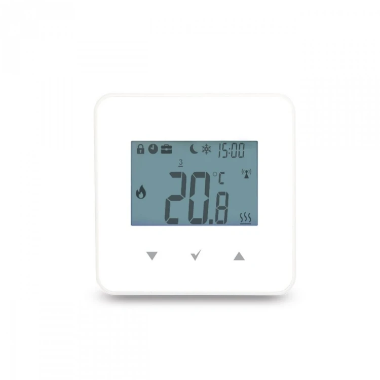 Bezprzewodowy termostat pokojowy eSTER x40 w białej obudowie, ekran LCD z temperaturą 20,8°C i trzy przyciski dotykowe. Zdjęcie producenta