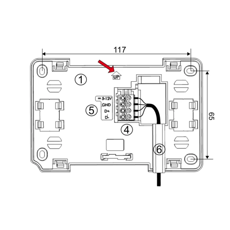 Rysunek wymiarowy ramki montażowej panelu ecoSTER 90 z instrukcji producenta: 117 × 65 mm, zaciski 5–12 V, GND, D+, D-