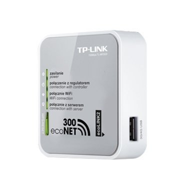 Moduł internetowy ecoNET300 w białej obudowie z czterema kontrolkami i gniazdem USB. Zdjęcie producenta