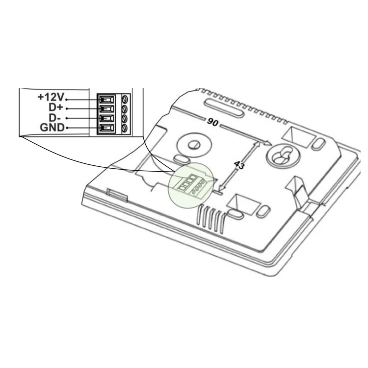 Rysunek z instrukcji producenta: tył panelu eSTER x80 ze złączem +12V, D+, D-, GND i rozstawem otworów 90 × 43 mm