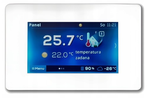 Bezprzewodowy panel pokojowy eSTER x90 w białej obudowie, kolorowy ekran dotykowy z temperaturą w pokoju 25,7°C i zadaną 22,0°C. Zdjęcie producenta