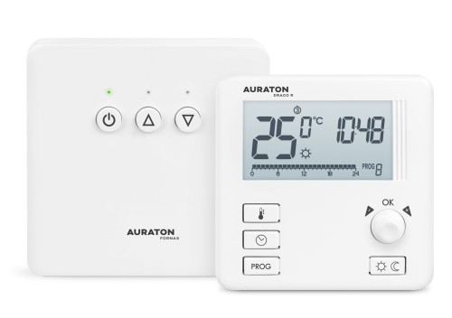 Auraton Draco SET: biały odbiornik Fornax z trzema przyciskami i regulator pokojowy Draco R z wyświetlaczem, na białym tle. Zdjęcie producenta