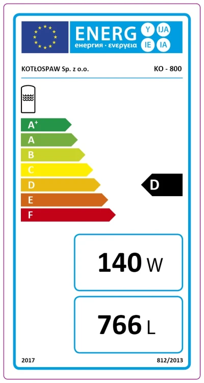 Etykieta energetyczna zbiornika buforowego Kotłospaw KO-800 (rozporządzenie UE 812/2013)