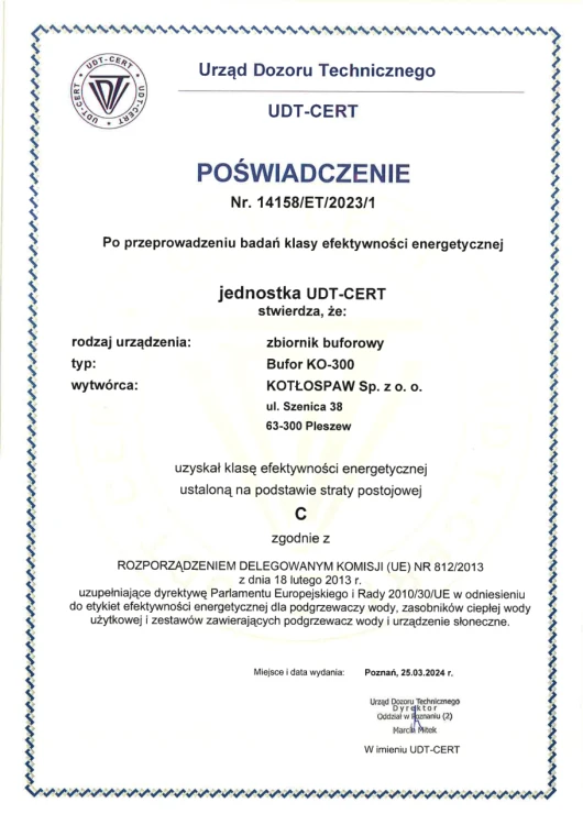 Poświadczenie UDT-CERT nr 14158/ET/2023/1 klasy efektywności energetycznej zbiornika buforowego KO-300 (skan dokumentu producenta)