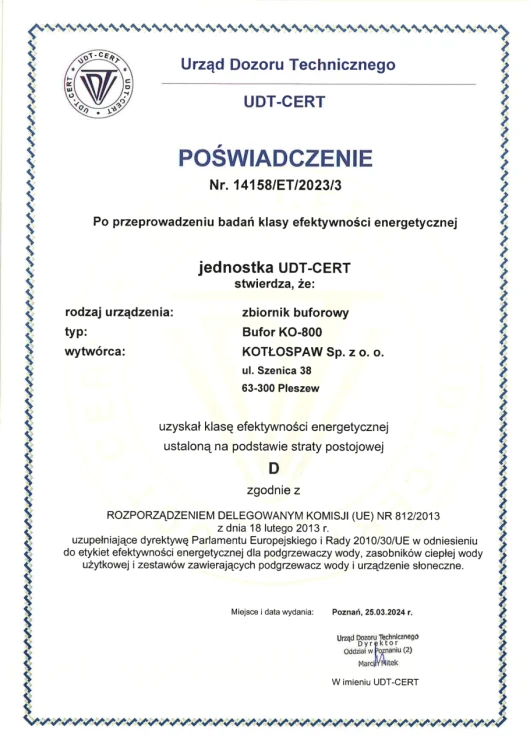 Poświadczenie UDT-CERT nr 14158/ET/2023/3 klasy efektywności energetycznej zbiornika buforowego KO-800 (skan dokumentu producenta)