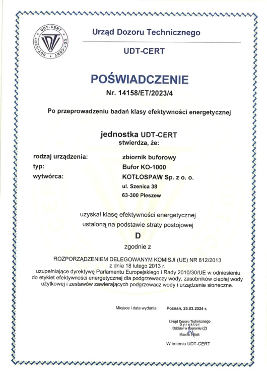 Poświadczenie UDT-CERT nr 14158/ET/2023/4 klasy efektywności energetycznej zbiornika buforowego KO-1000 (skan dokumentu producenta)