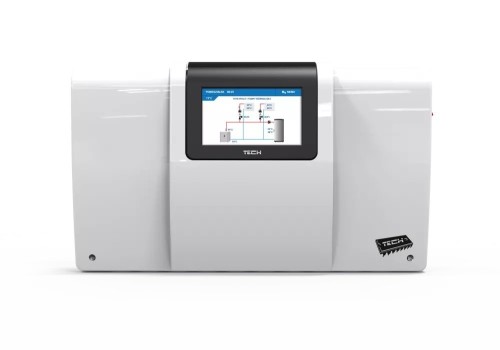 Sterownik instalacyjny Tech i-2 Plus: biała obudowa z czarnym dotykowym ekranem, zdjęcie producenta