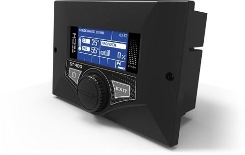 Sterownik Tech ST-480N do kotła z podajnikiem: czarny panel sterownika z niebieskim wyświetlaczem i pokrętłem, napis ST-480, zdjęcie producenta