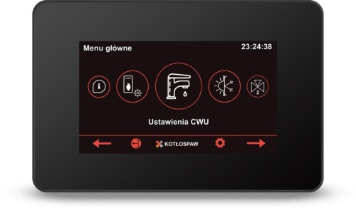 Panel dotykowy ecoTouch do sterownika ecoMAX 860P4-KT: czarny panel dotykowy z menu głównym, ikonami i napisem Ustawienia CWU, logo Kotłospaw, zdjęcie producenta