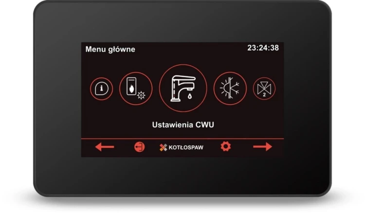 Panel dotykowy ecoTouch do sterownika ecoMAX 860P4-KT: czarny panel dotykowy z menu głównym, ikonami i napisem Ustawienia CWU, logo Kotłospaw, zdjęcie producenta