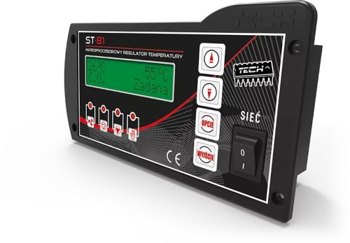 Sterownik Tech ST-81 do kotła zasypowego: czarny panel sterownika Tech ST-81 z zielonym wyświetlaczem, przyciskami i włącznikiem, zdjęcie producenta