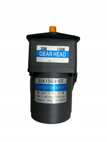 Motoreduktor 3IK do podajnika paliwa: szary motoreduktor z tabliczkami 3GN 150K GEAR HEAD i 3IK15GN-CT, zdjęcie producenta