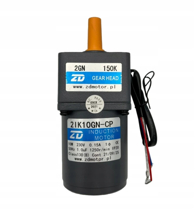 Motoreduktor 2IK do podajnika wewnętrznego: szary motoreduktor z tabliczkami ZD 2GN 150K GEAR HEAD i 2IK10GN-CP, przewody, zdjęcie producenta