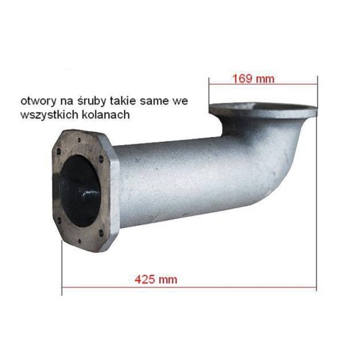 Kolano żeliwne do retorty stałej 75 kW: rysunek wymiarowy producenta: długość 425 mm, otwór 169 mm