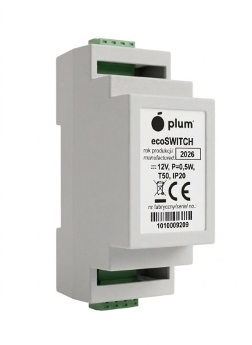 Moduł ecoSWITCH Plum: szara obudowa na szynę z tabliczką plum ecoSWITCH i zielonymi listwami zaciskowymi, zdjęcie producenta