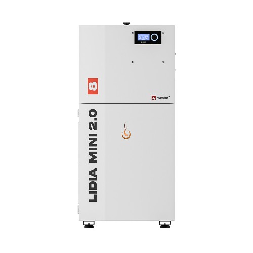 Kocioł na pellet Kozlusan Lidia Mini 2.0 8 kW z przodu: biała obudowa ze sterownikiem i zasobnikiem pelletu w środku. Zdjęcie dystrybutora Wentor