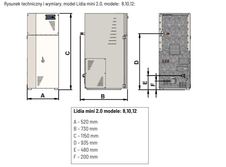 Rysunek wymiarowy kotła Lidia Mini 2.0 (8, 10 i 12 kW): A 520 mm, B 730 mm, C 1150 mm, D 935 mm, E 480 mm, F 200 mm. Rysunek z instrukcji