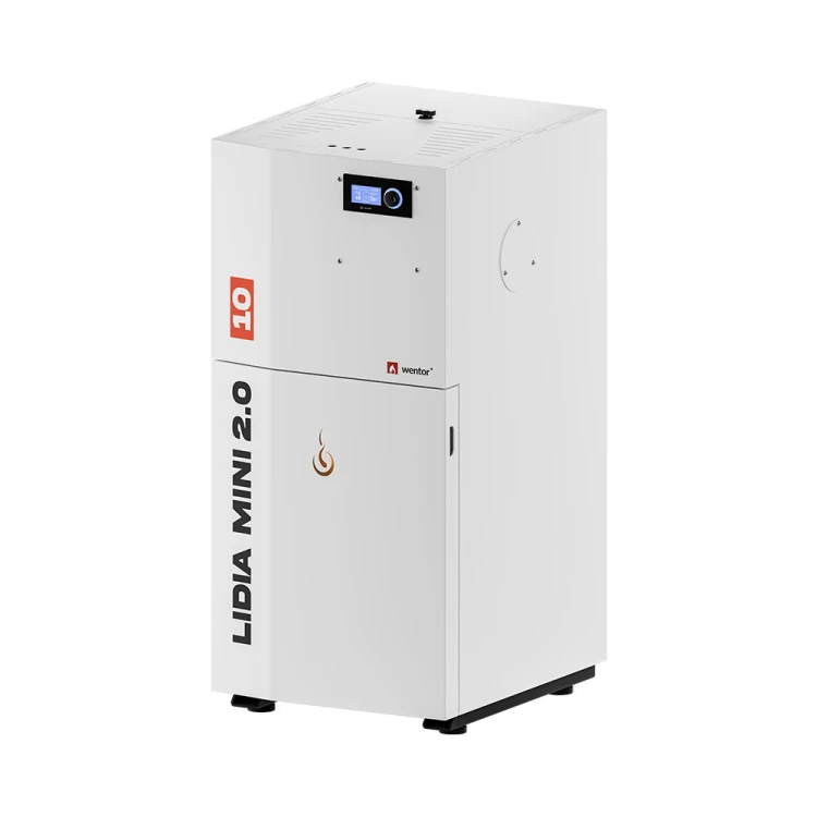 Kocioł na pellet Lidia Mini 2.0 10 kW w ujęciu z ukosa. Zdjęcie dystrybutora Wentor