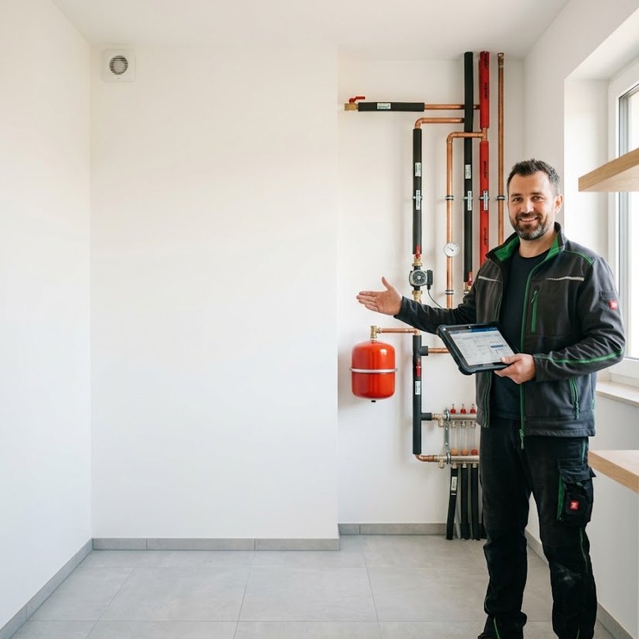 Instalator NOLE z tabletem w kotłowni klienta — oględziny przed montażem
