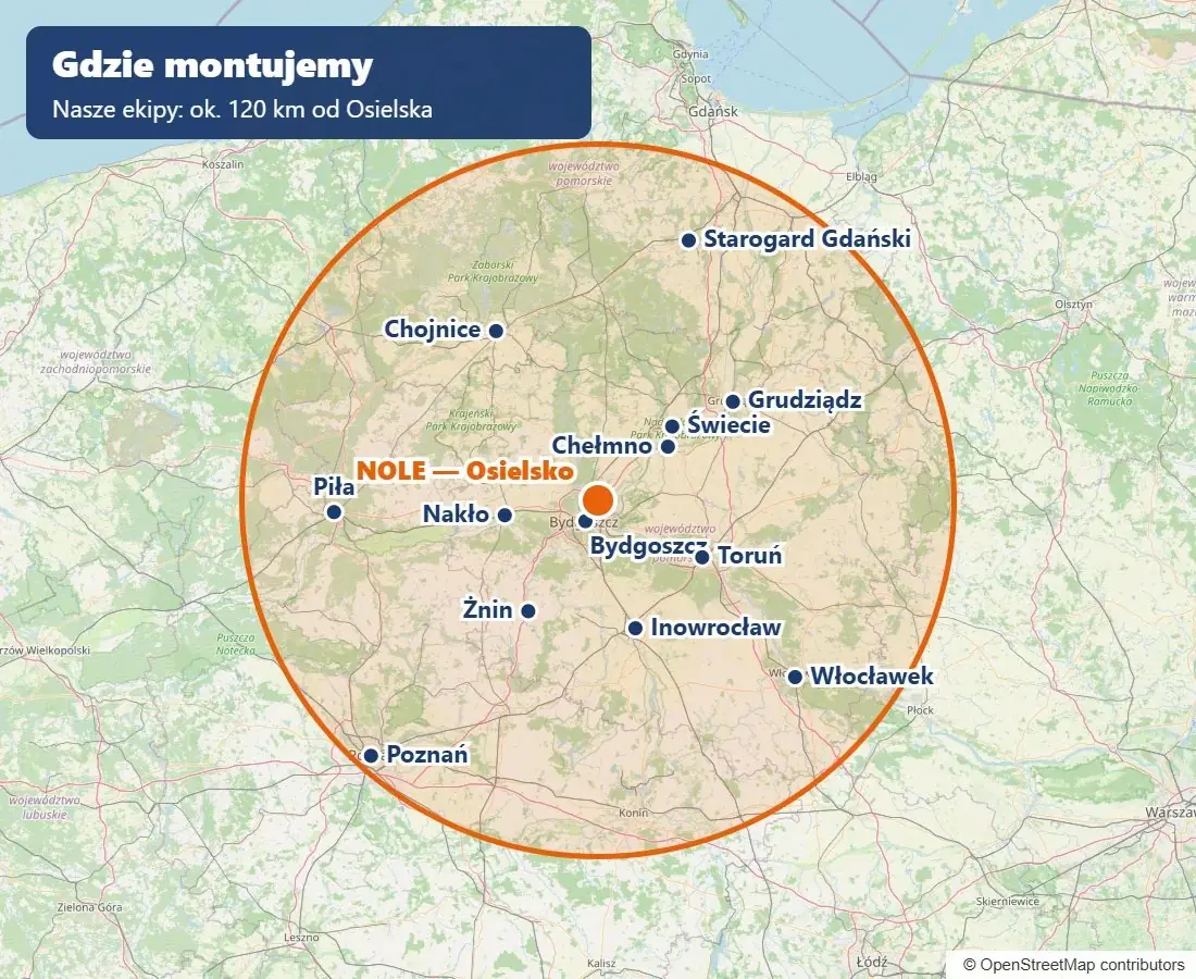 Mapa zasięgu ekip No Limits Energy — 120 km od Osielska: Bydgoszcz, Toruń i okolice